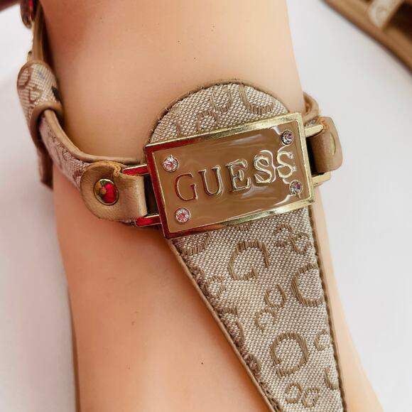 Guess Shalia Tan Logo Fabric Low Heeled Thong Casual Summer Sandals 5.5 - Picture 4 of 9